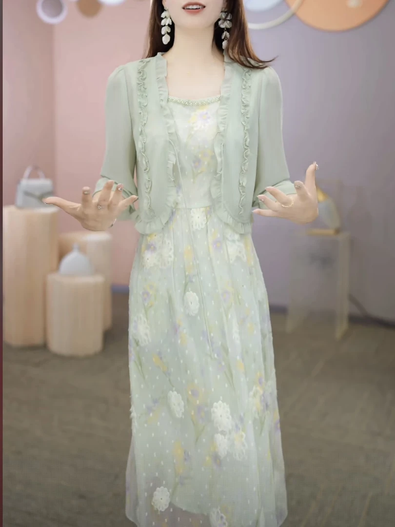 【外披+连衣裙】X060 # 早秋2025新款气质收腰显瘦连衣裙