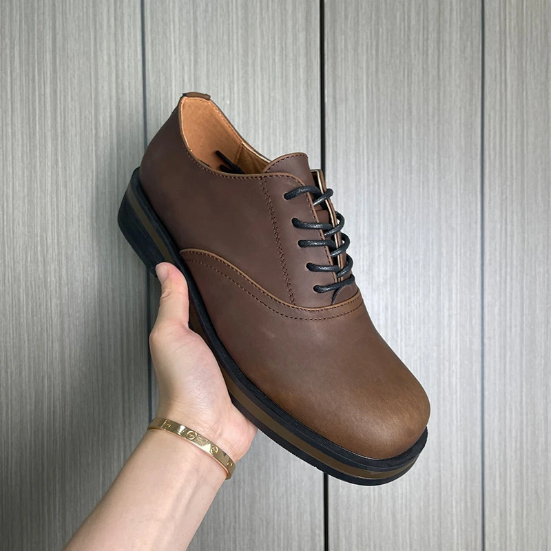 2025秋季新款休闲时尚百搭鞋棕色潮流厚底圆头高级感系带男鞋低帮