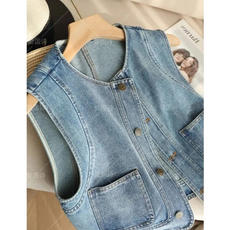 时髦洋气百搭牛仔马甲女春夏宽松短款小个子无袖外套休闲上衣8125