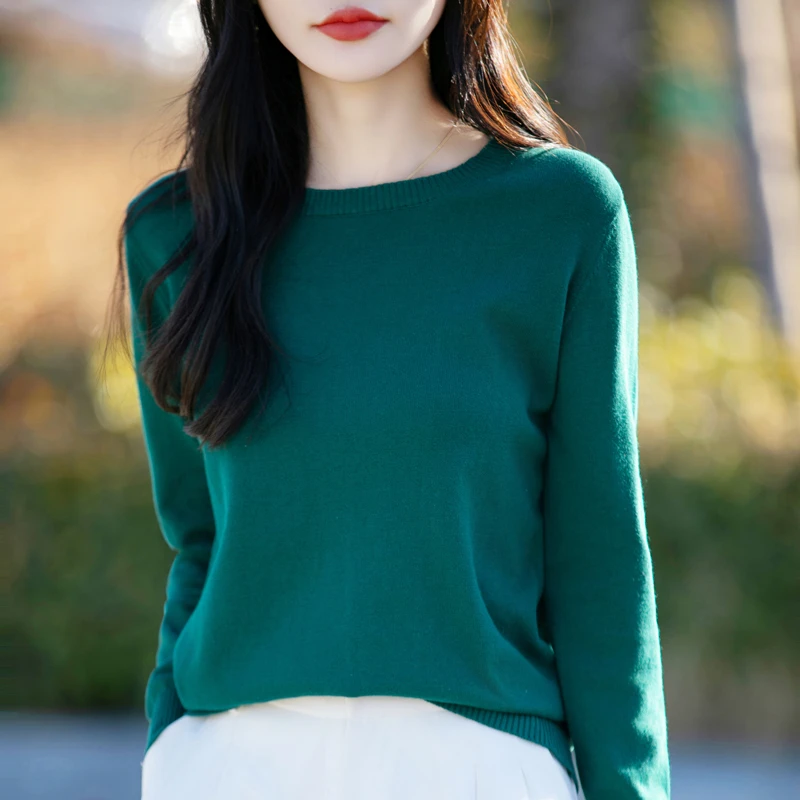 100%纯棉圆领长袖针织衫显瘦百搭打底衫毛衣女春秋薄款