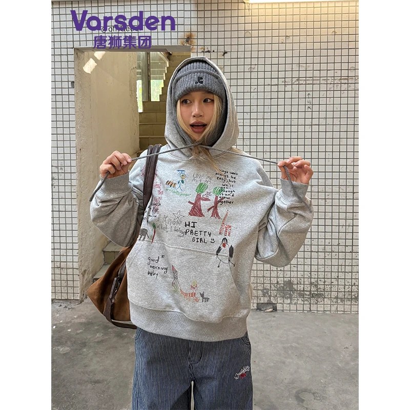 唐狮集团Varsden420克重磅涂鸦美式印花连帽卫衣复古带帽男款上衣