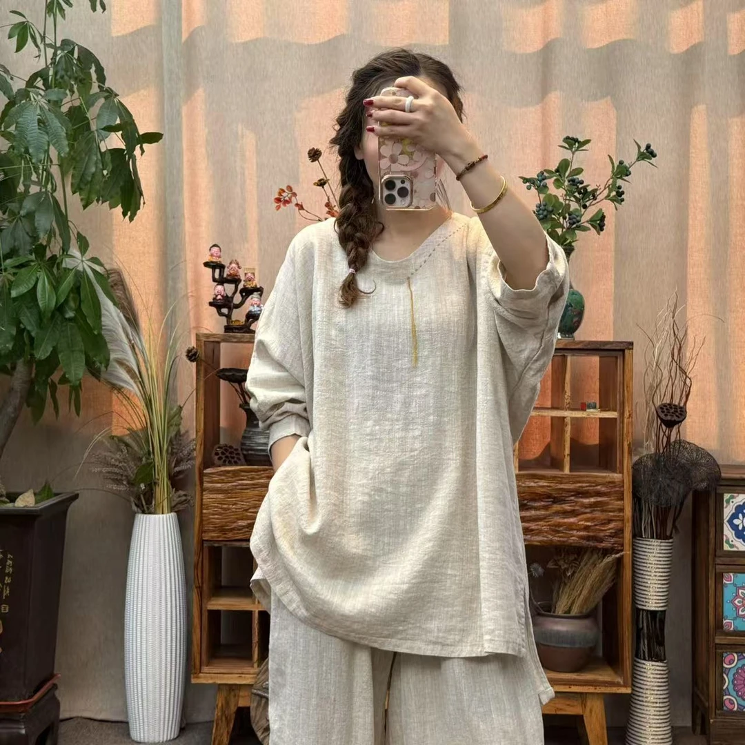 花璟与麻原创设计款做旧前短后长小衫上衣（衣长75-85 胸围150）