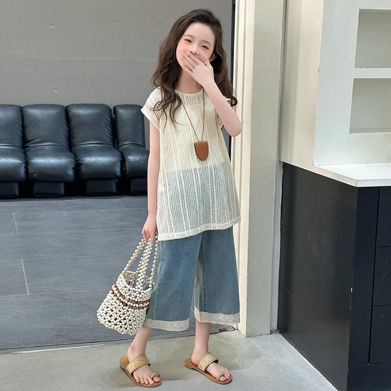 女童夏季套装2025新款女孩大童韩系穿搭初中生休闲背心镂空三件套