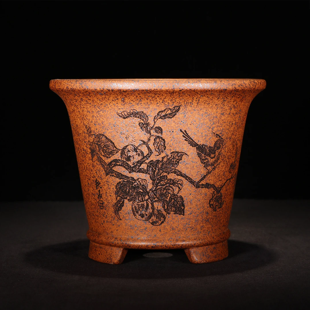 宜兴本地手工紫砂花盆简约透气吸水绿植盆景小圆盆柴烧还原烧刻绘
