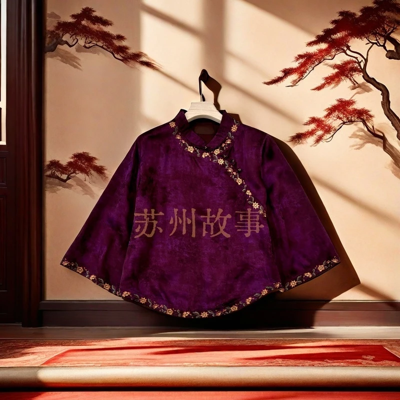 【苏州故事】131红色上衣2025中国风长袖复古紫色提花重工