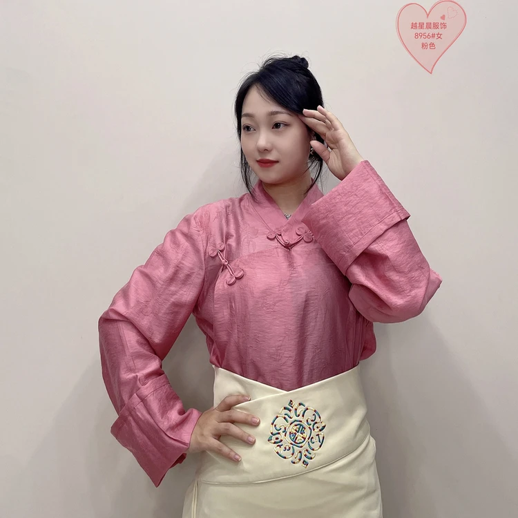 丝丝料手工盘扣藏式女款衬衣宽松大袖版藏族服饰女士衬衫锅庄舞服