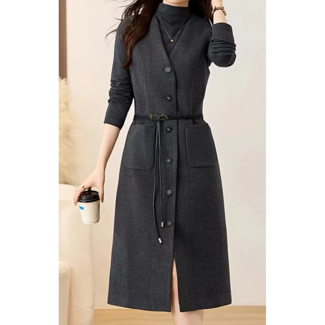 高级感法式V领无袖连衣裙中长修身显瘦毛呢马甲裙打底背心裙