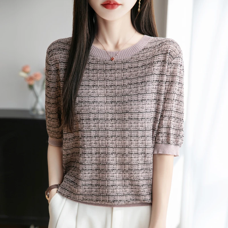 品牌显瘦上衣洋气条纹短袖上衣女时尚圆领针织小香风套头薄款