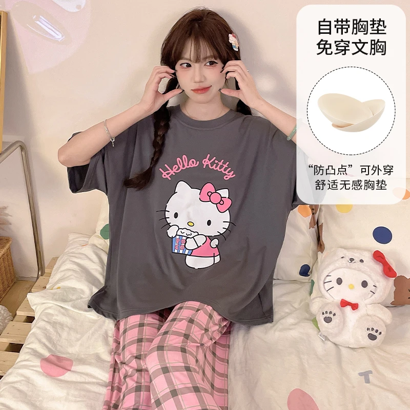 灰粉配色HelloKitty可爱印花夏季薄款带胸垫家居服睡衣套装