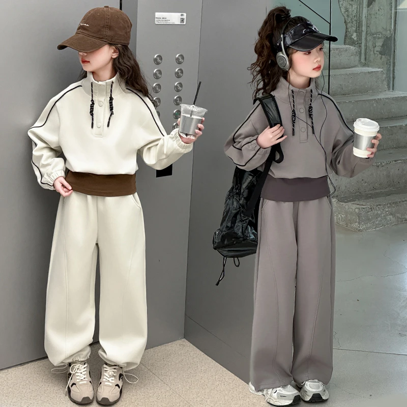 美拉德系女童套装春装3-15岁运动装儿童装假两件卫衣裤子两件套潮