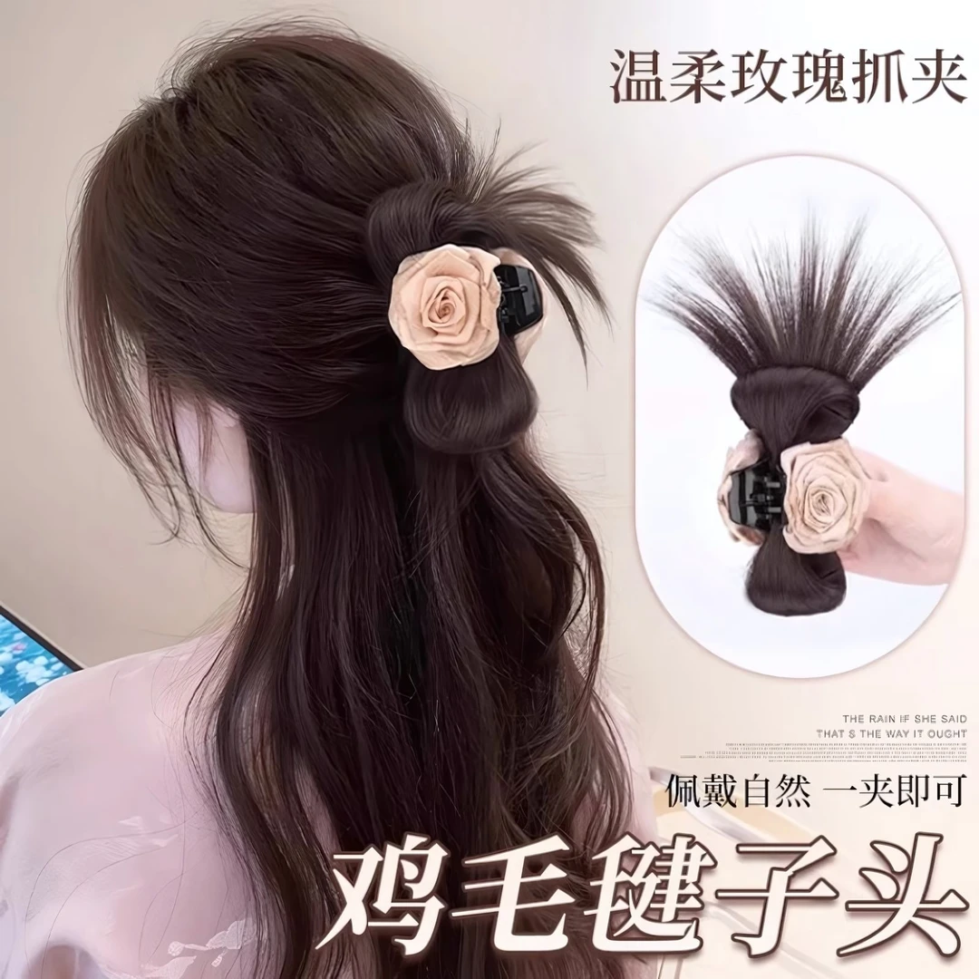 半扎鸡毛毽子头新中式鸡窝丸子假发包干枯玫瑰花朵抓夹后脑勺盘发