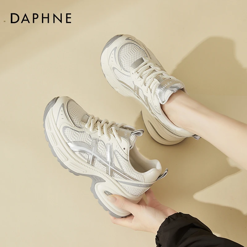 Daphne/达芙妮厚底透气网鞋女春小白鞋时尚系带休闲运动鞋老爹鞋