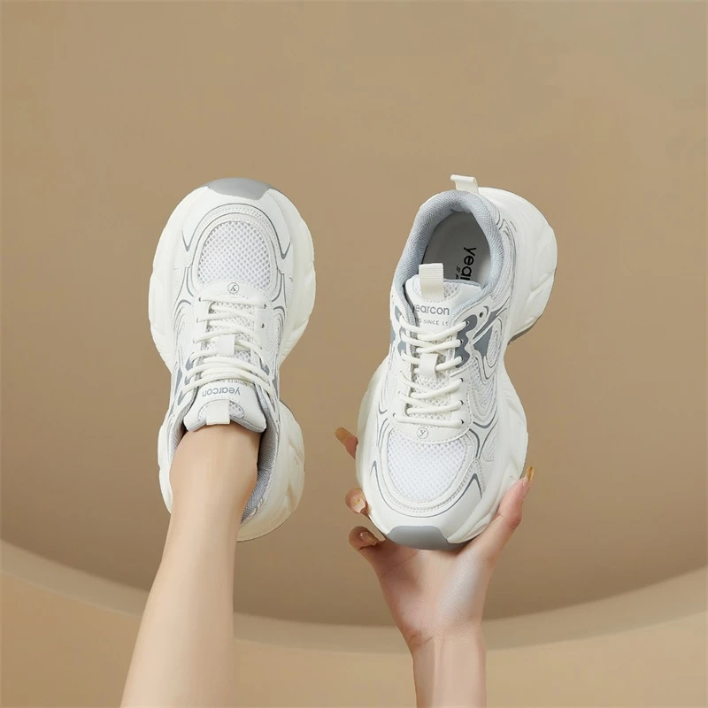 YEARCON/意尔康女鞋2025新款秋季厚底增高透气网面鞋百搭老爹鞋潮