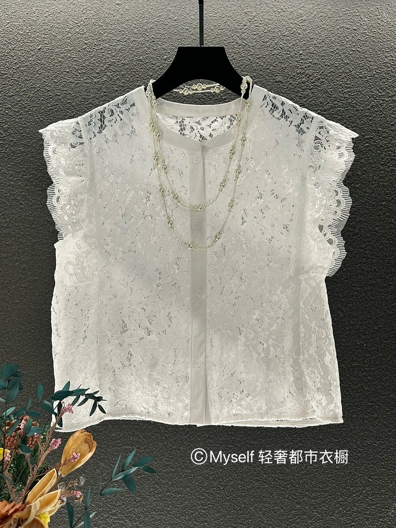 [BeckyM定制]夏季清新蕾丝镂空常规夏季衬衫夏百搭韩版衬衣