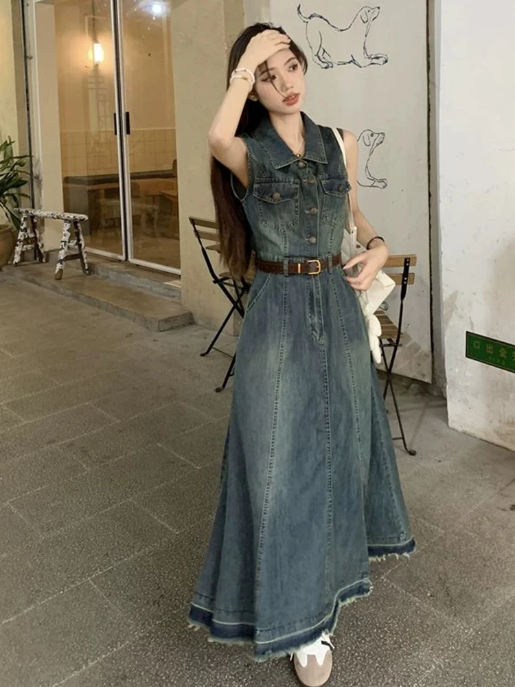 1复古腰带牛仔连衣裙女夏季气质高腰收腰减龄薄款港风做旧长裙女