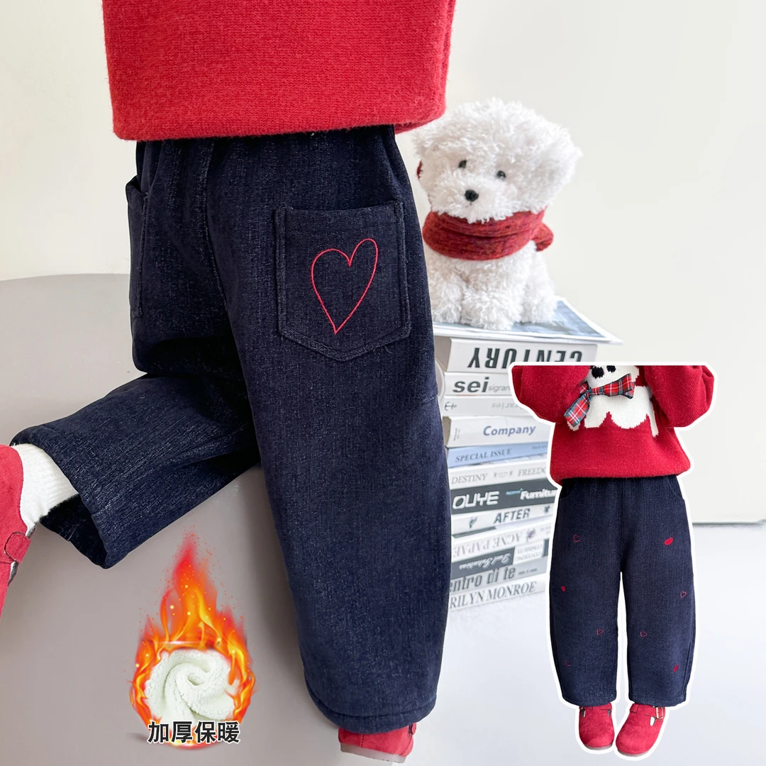 女童加绒弯刀牛仔裤一体绒儿童加厚时髦休闲裤小女孩冬季保暖长裤