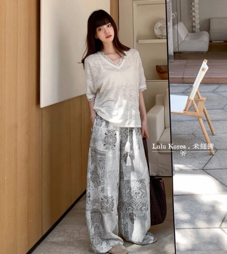 （米娅裤）天丝棉几何图腾印花串珠抽绳宽松直筒显瘦休闲长裤女C896