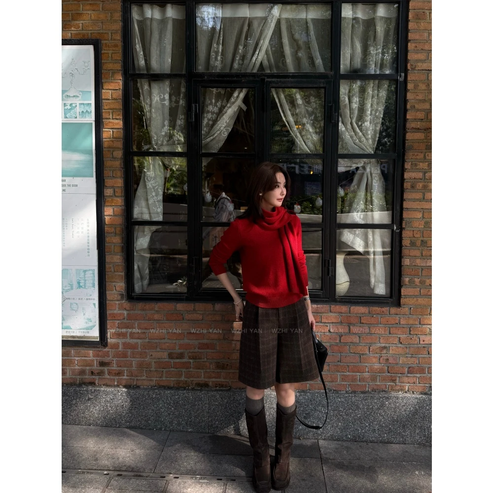 【咖啡方糖】“羊毛短裤”复古设计感休闲拼接格纹松弛慵懒短裤22265