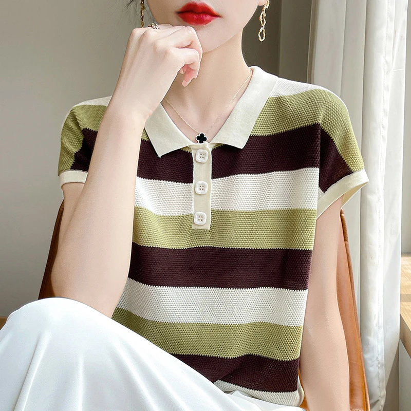 娃娃领条纹短袖t恤女士2025新款显瘦大码女装夏季冰丝针织衫上衣