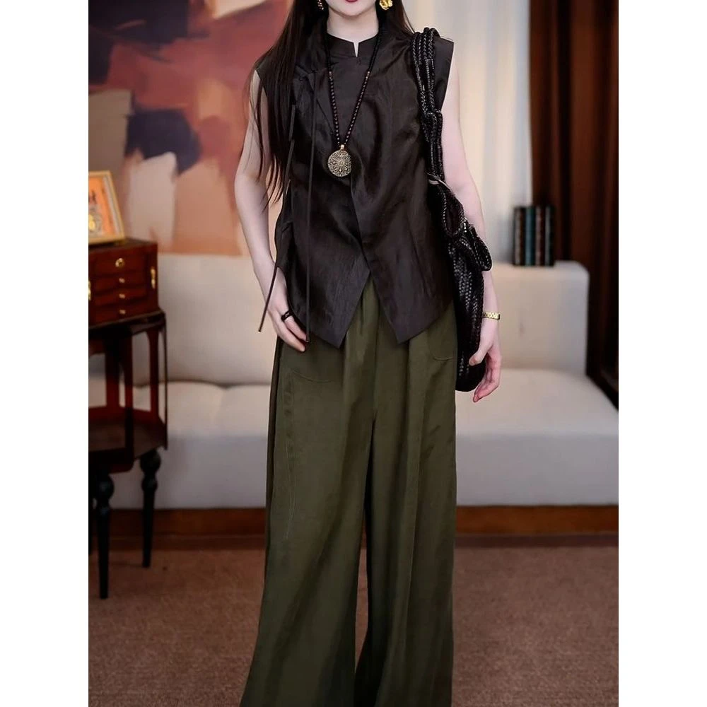 洋气复古减龄裤套装女2025夏季新款时尚百搭宽松纯色衬衫+阔腿裤