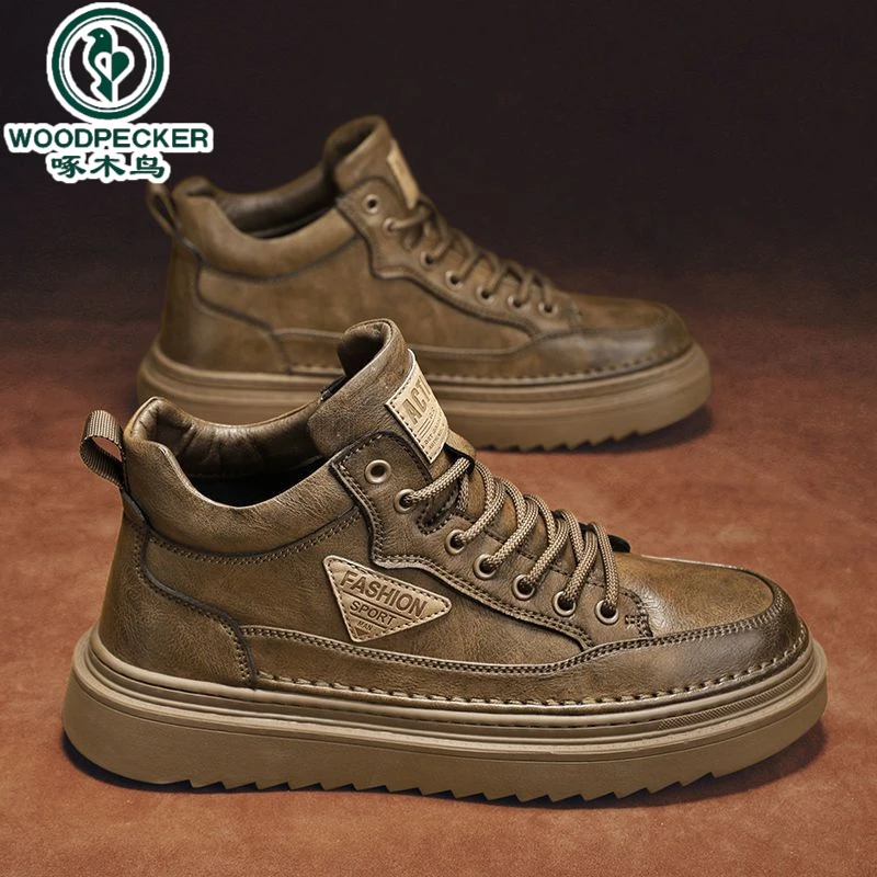 【正品】啄木鸟2025秋季新款高帮马丁靴男潮流百搭厚底休闲皮鞋工装