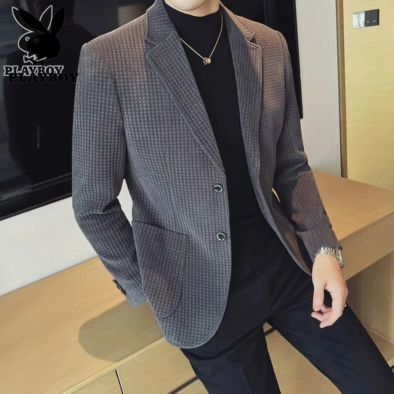 花花公子小西装外套男士春季新款轻熟风帅气华夫格休闲单