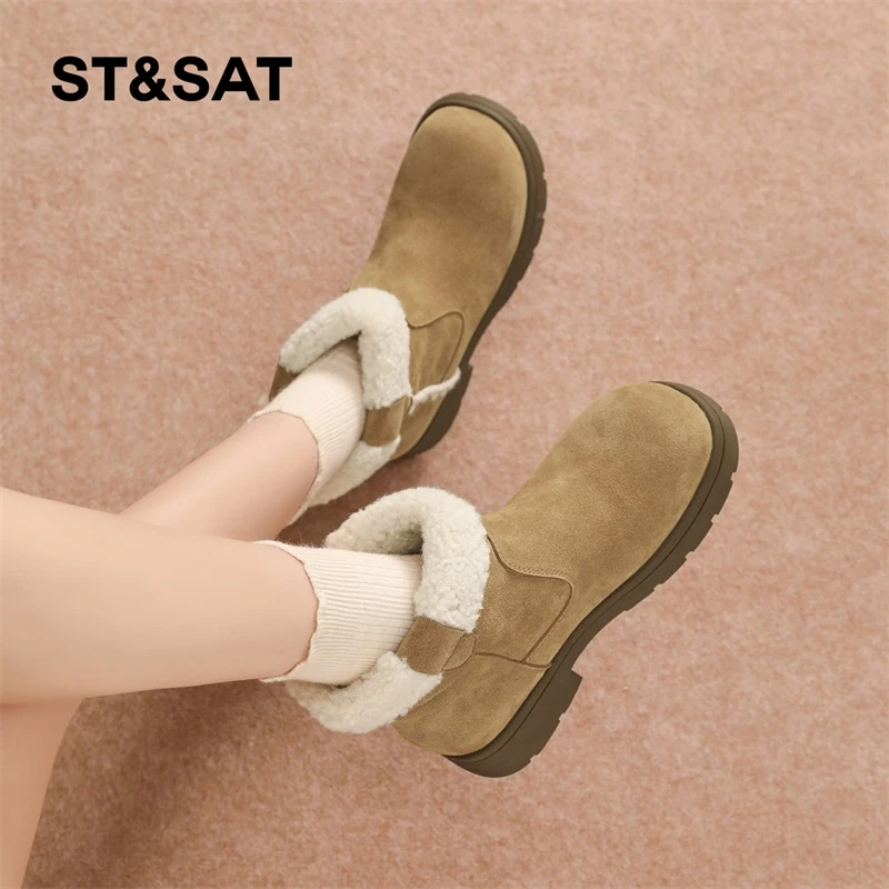 星期六复古加绒棉鞋女款2025冬季新款百搭毛毛鞋加厚保暖短靴