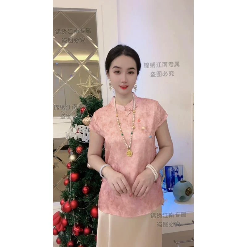 新中式国风立领气质衬衫女时尚晕染短袖夏装新款减龄显瘦上衣