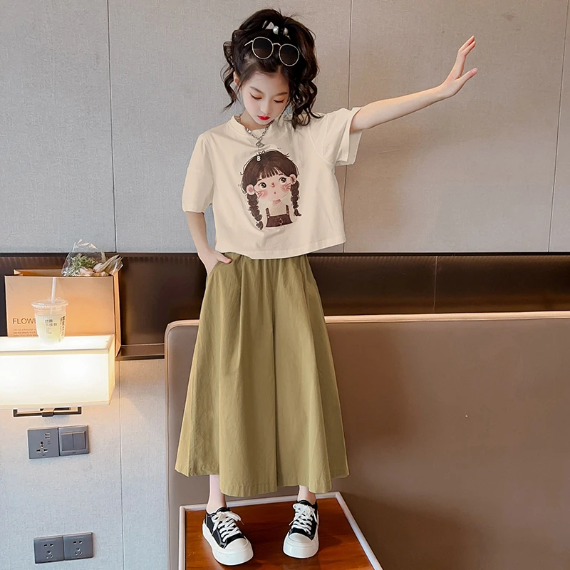 女童夏季阔腿裤套装新款时尚2025年中小学生夏天休闲裤裙两件衣服