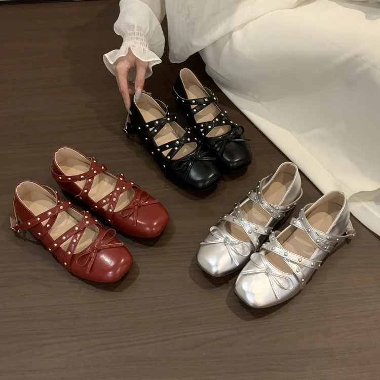 百丽官方正品芭蕾鞋银色女外穿2025新款单鞋甜酷玛丽珍女鞋百搭软