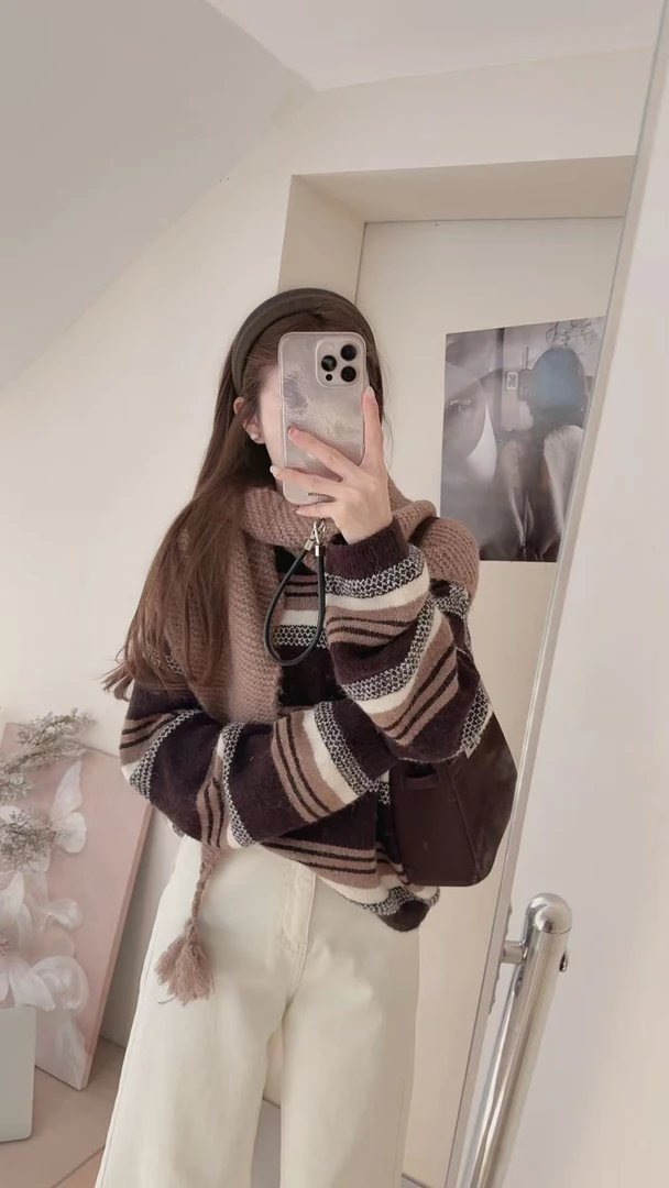 ouran 秋冬新款G1751百搭显瘦条纹披肩设计感毛衣（不可机洗）