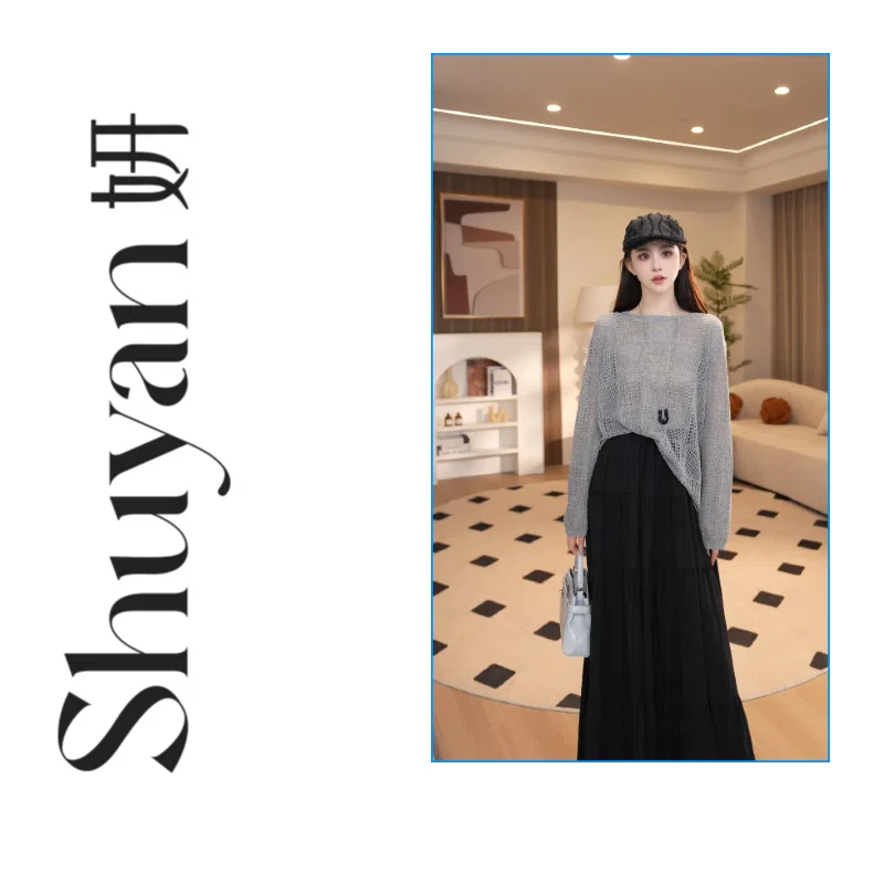 Shuyan妍【几何女王】QC几何方块百搭韩系显瘦天丝亚麻针织衫5025