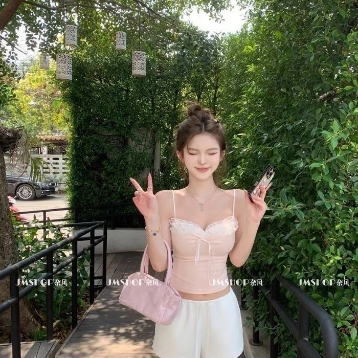 JMSHOP 心动魔方 蕾丝花边拼接背心吊带女2025设计感春夏无袖上衣