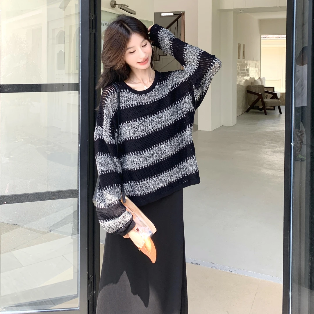 黑色休闲条纹毛衣连衣裙套装女2025秋季新款温柔风时尚百搭两件套