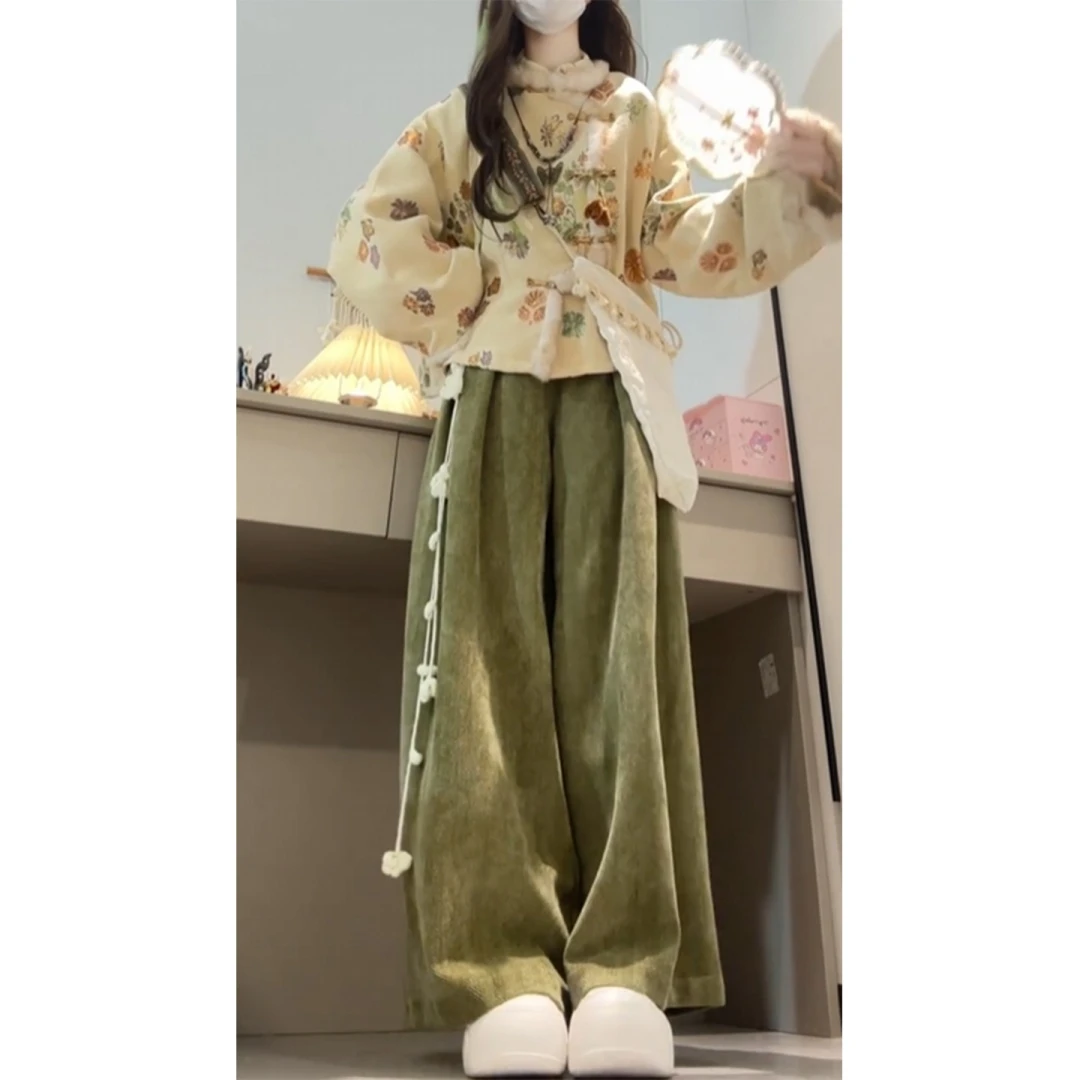 新中式国风套装独特超好看温柔风盘扣外套上衣阔腿裤两件套2025冬