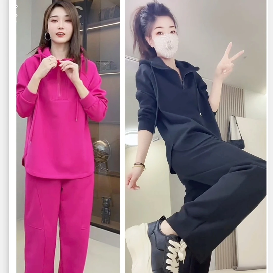 欧货炸街连帽卫衣两件套时尚套装气质显瘦洋气休闲上衣减龄卫裤百