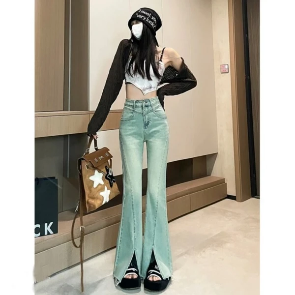 大码复古开叉微喇叭牛仔裤女2025春季新款时尚高腰修身显瘦拖地裤
