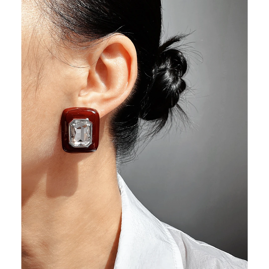 铜合金耳饰 鼎溢宝时尚大方安可拉红色珐琅方形夸张大款耳钉bl