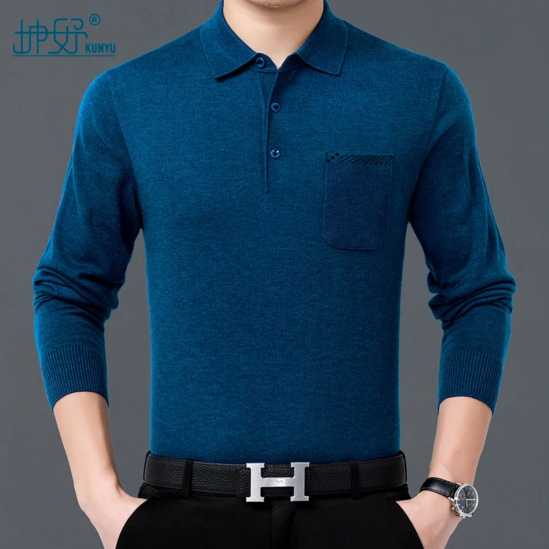 坤妤高档男士长袖T恤薄款羊毛POLO衫翻领套头针织衫透气新款毛衣