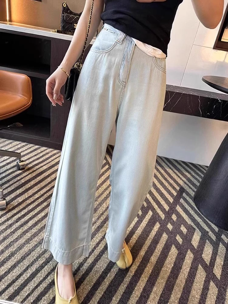 天丝直筒牛仔裤女新款高腰显瘦大码宽松梨形身材九分裤