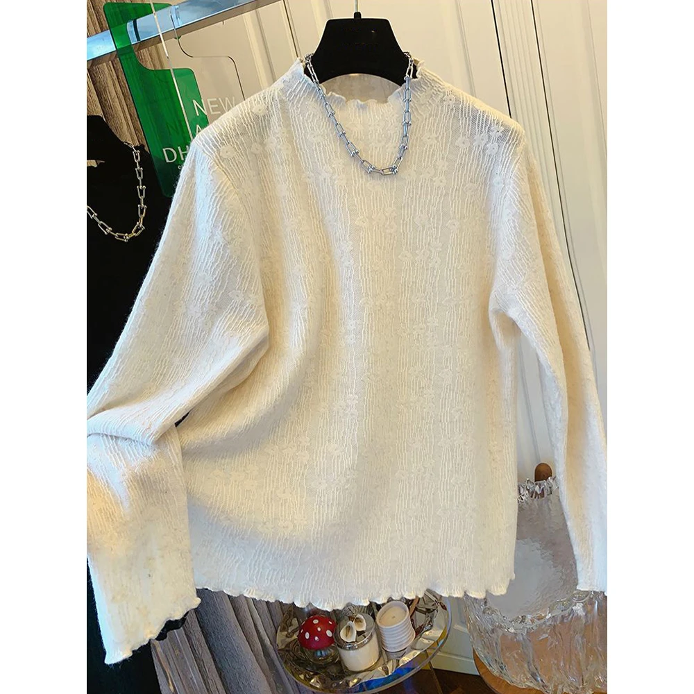 盼可欣240斤大码别致木耳边减龄长袖蕾丝衫女秋季设计感洋气上衣