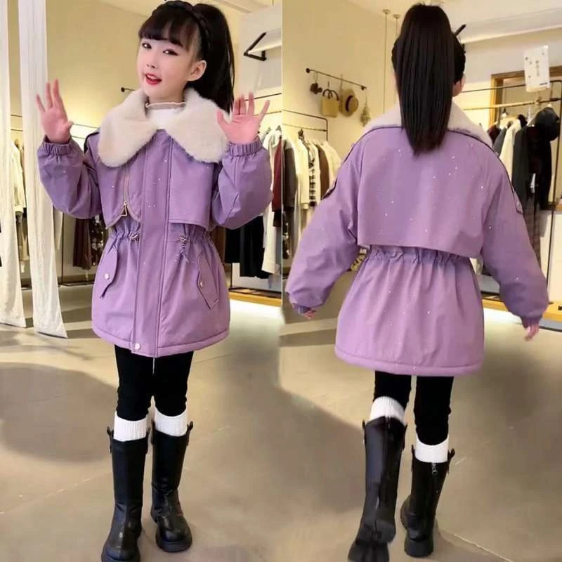 女童毛领派克服棉衣2025冬季气质小女孩紫色撒银收腰加绒加厚棉服