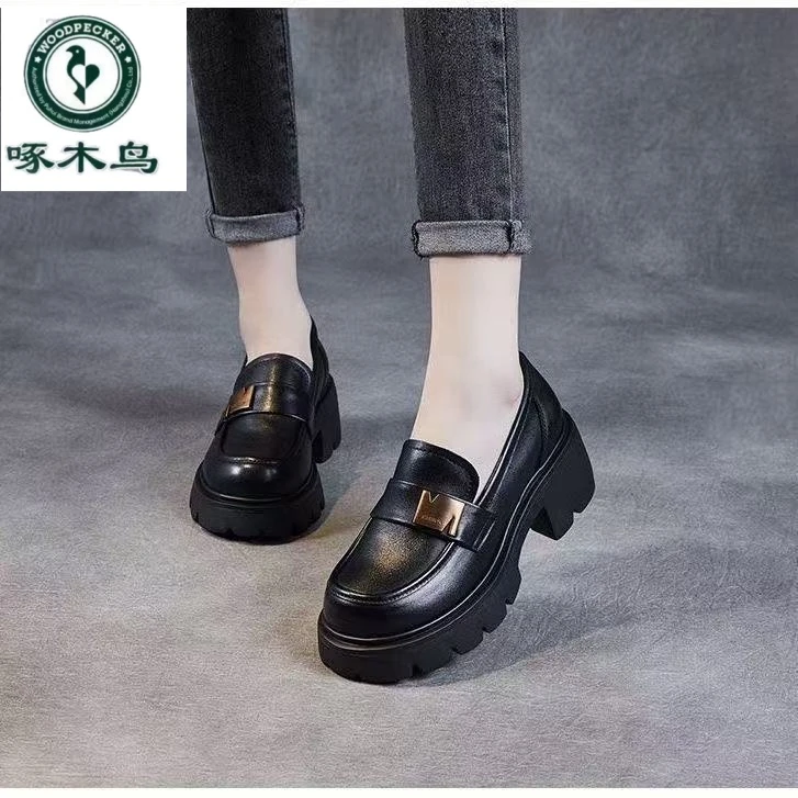 啄木鸟厚底乐福鞋女2025新款软皮增高英伦风小皮鞋女轻便百搭软底
