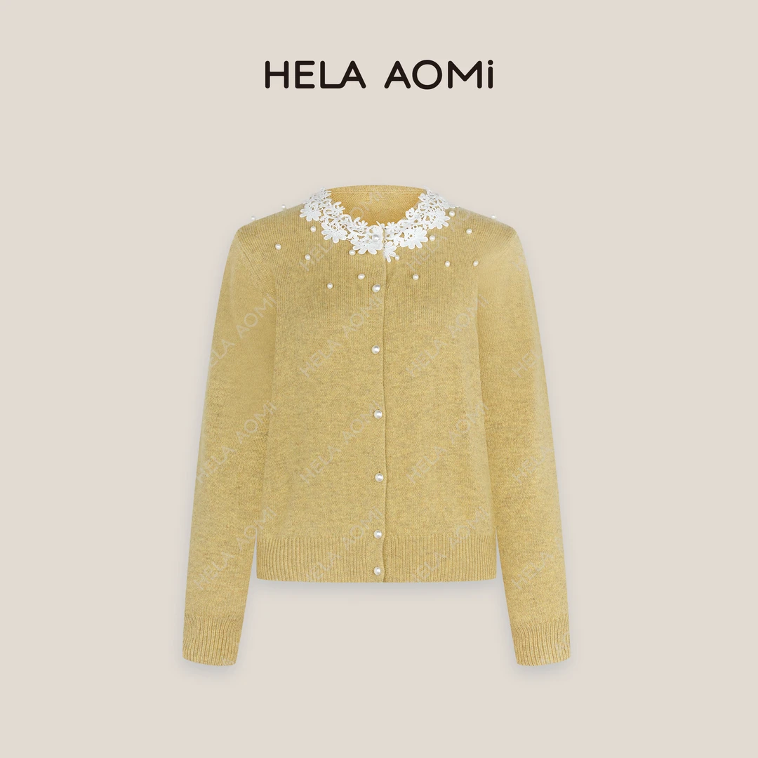 HELAAOMI “甜美主义”精致甜美蕾丝娃娃领保暖毛衣开衫CY4DM31643