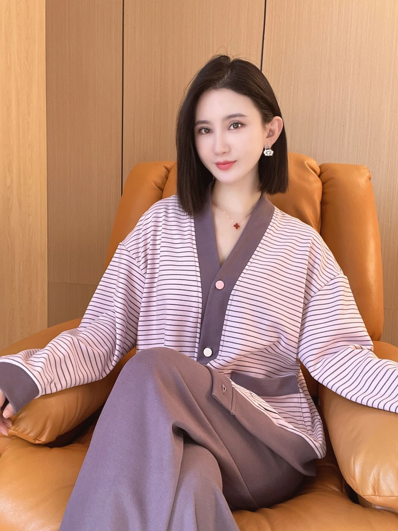 家居服套装保暖秋季睡衣条纹冬季松紧带有弹性女中年