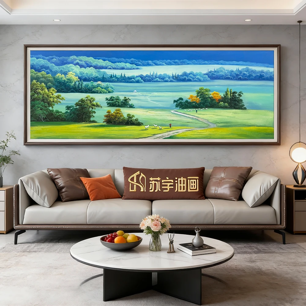 手绘草原风景油画作品现代轻奢极简客厅沙发背景墙装饰壁画