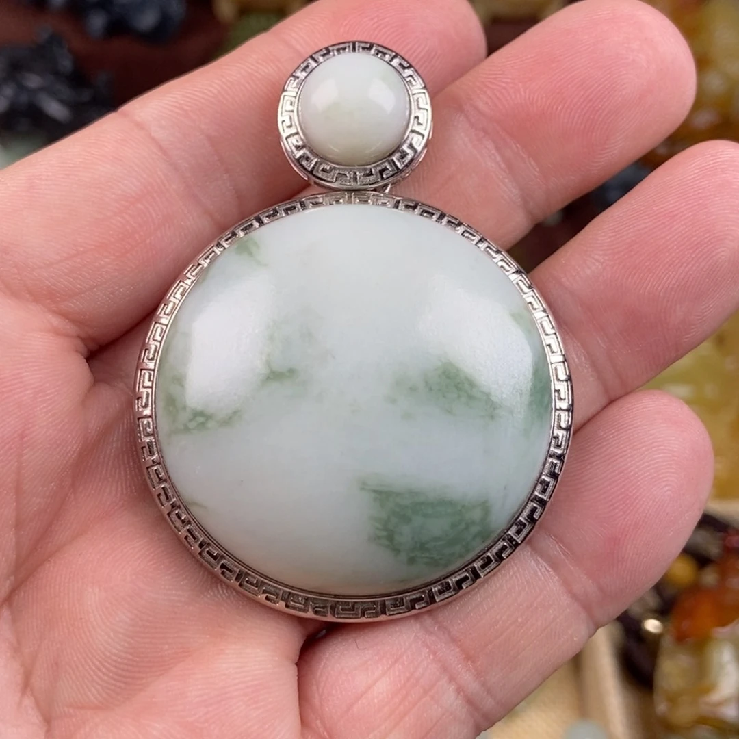 透闪石-蛇纹石玉挂件银S925镶嵌