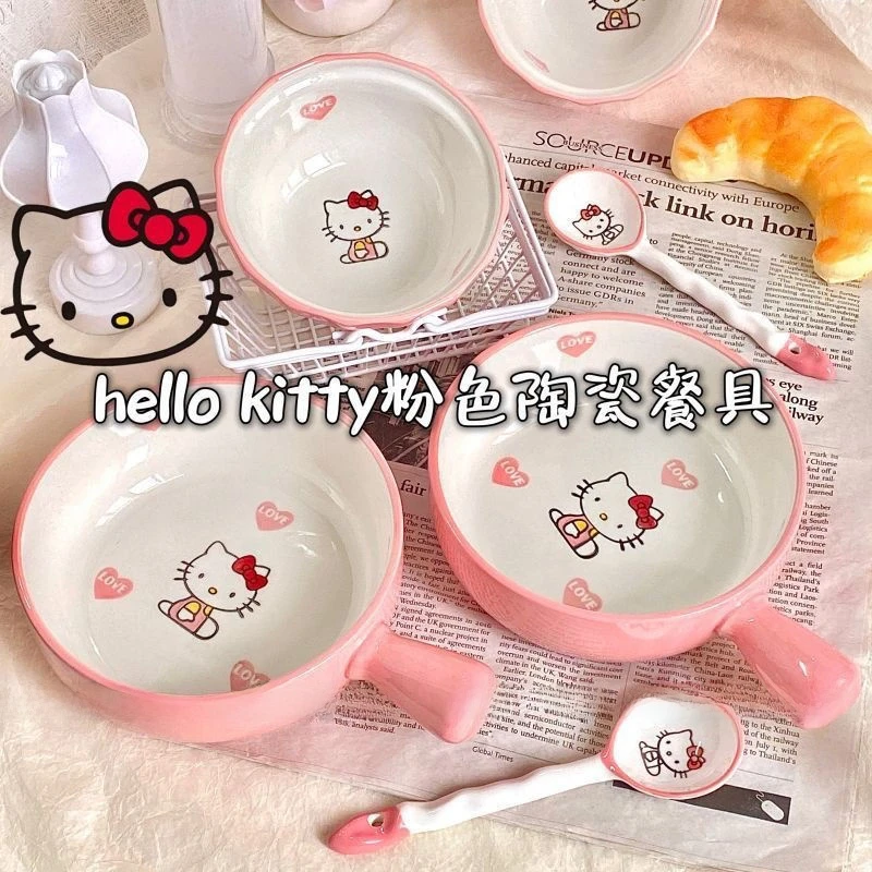 ht猫陶瓷可爱餐具釉下彩一人食宿舍家用碗勺粉色可爱高颜值泡面碗