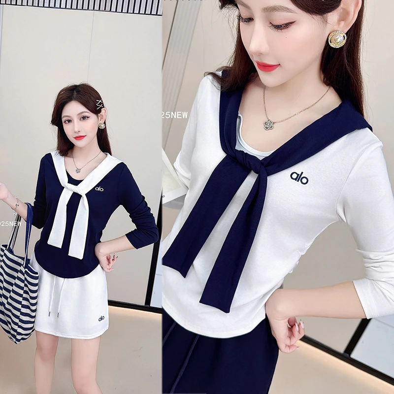 2025秋季新款时尚T恤宽松洋气长袖搭减龄上衣显瘦拼接围巾小众女