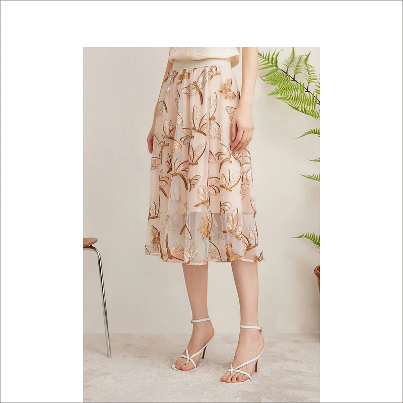 Goodland美地女装法式绣花轻盈网纱垂感A字蜻蜓半身裙LC64250020